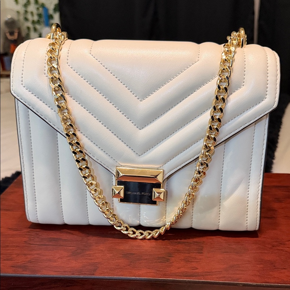 Michael Kors Cream Quilted Chain Shoulder Bag with Gold Hardware
